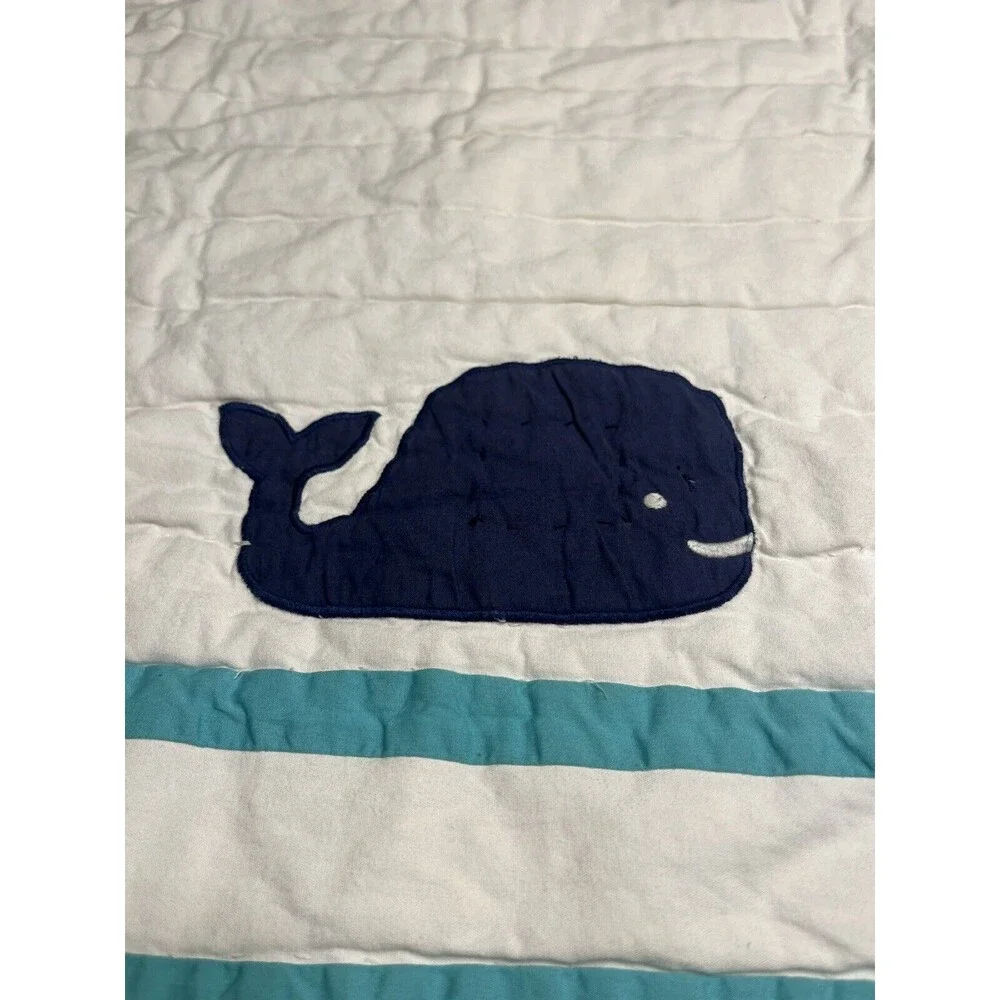 Pottery Barn Kids Hamptons Whale White Teal Baby Blue Toddler Crib Quilt 36x50”